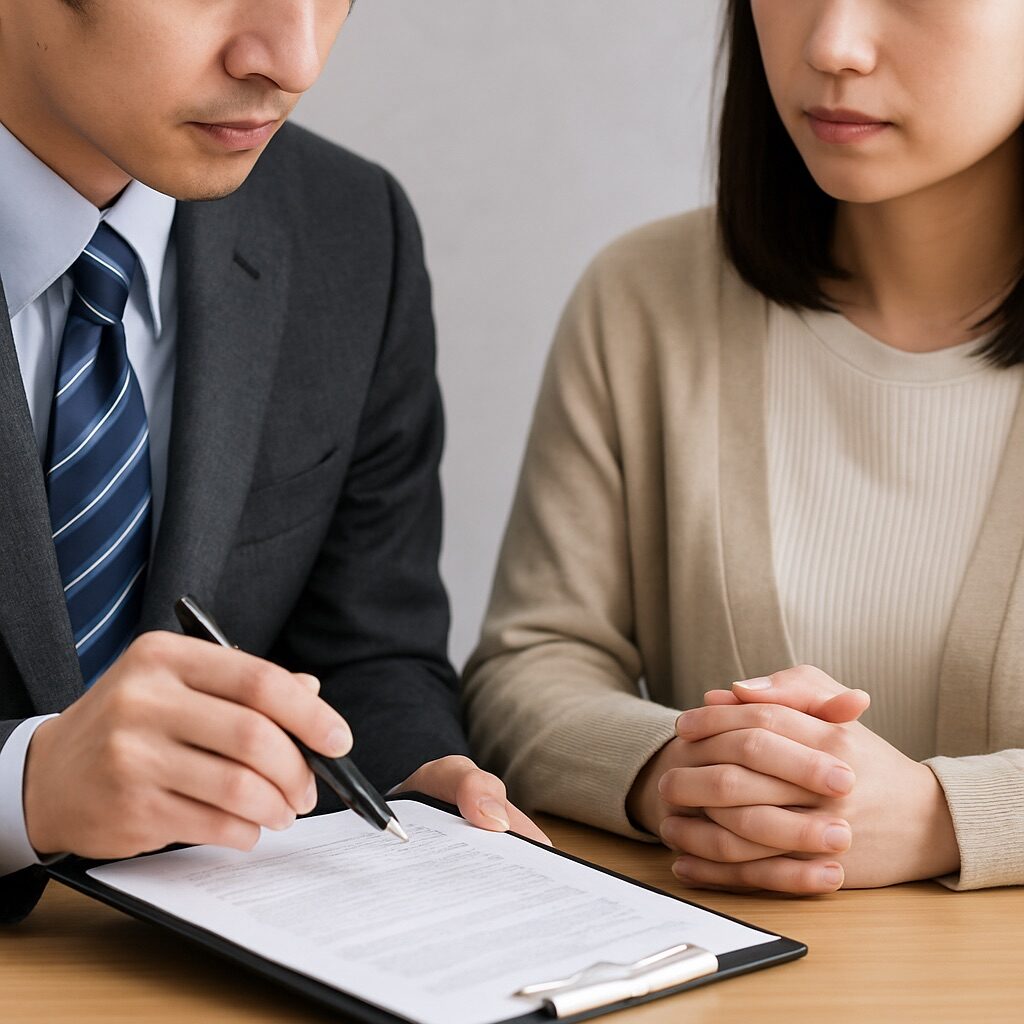 探偵事務所でスーツ姿の調査員が書類を指し示しながら、不貞調査について女性相談者に説明している手元のイメージ写真