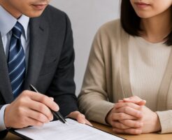 探偵事務所でスーツ姿の調査員が書類を指し示しながら、不貞調査について女性相談者に説明している手元のイメージ写真