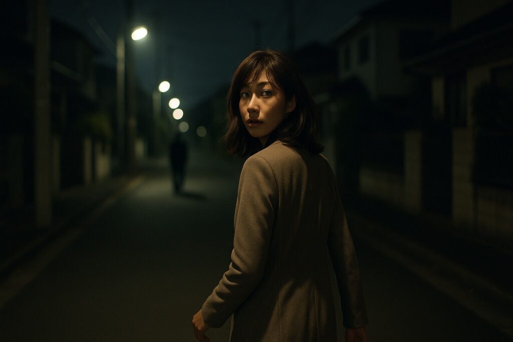 夜の住宅街を不安そうに振り返りながら歩く女性の後ろ姿とストーカー被害の不安を表現したイメージ写真