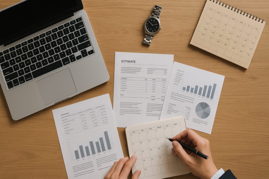 ノートパソコンと調査報告書風の書類、カレンダーや時計が置かれたデスクでストーカー調査の見積もりや計画を検討しているイメージ写真