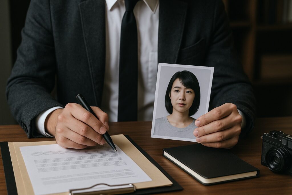 行方不明者の写真と書類を見ながら人探し調査の内容を確認する探偵