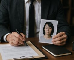 行方不明者の写真と書類を見ながら人探し調査の内容を確認する探偵