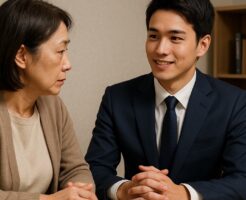 方不明になった家族について日本人の若い男性探偵に相談する中年女性の面談風景