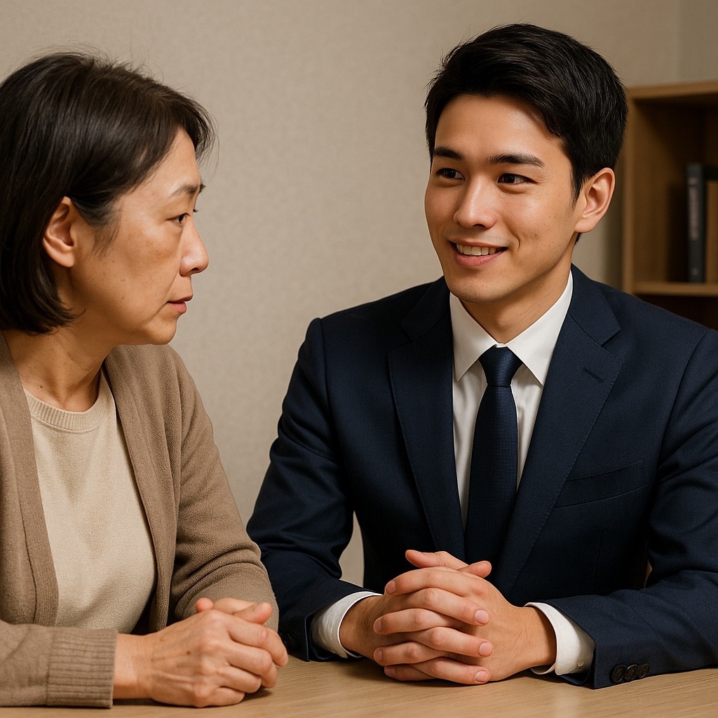 方不明になった家族について日本人の若い男性探偵に相談する中年女性の面談風景