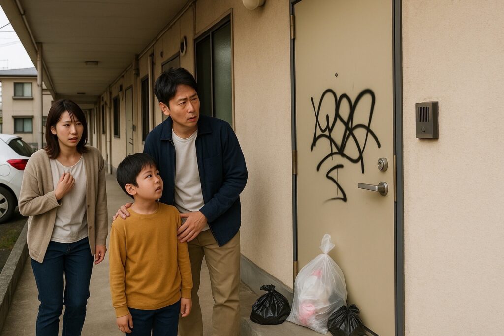 近隣トラブルで玄関ドアに落書きとゴミの嫌がらせを受け困惑する家族