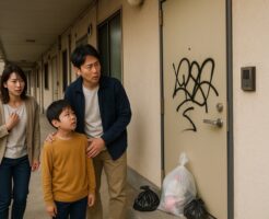 近隣トラブルで玄関ドアに落書きとゴミの嫌がらせを受け困惑する家族