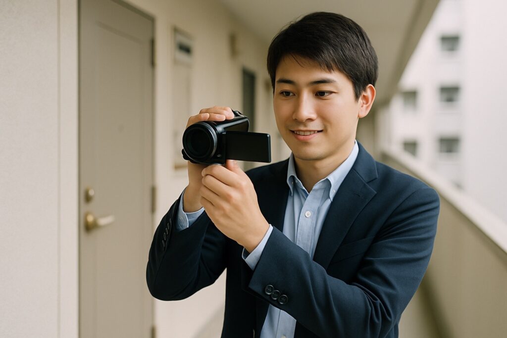 アパートの廊下で近隣トラブルの証拠映像を撮影する探偵
