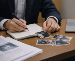 不貞調査の報告書作成に向けて証拠写真とメモを整理する探偵の手元